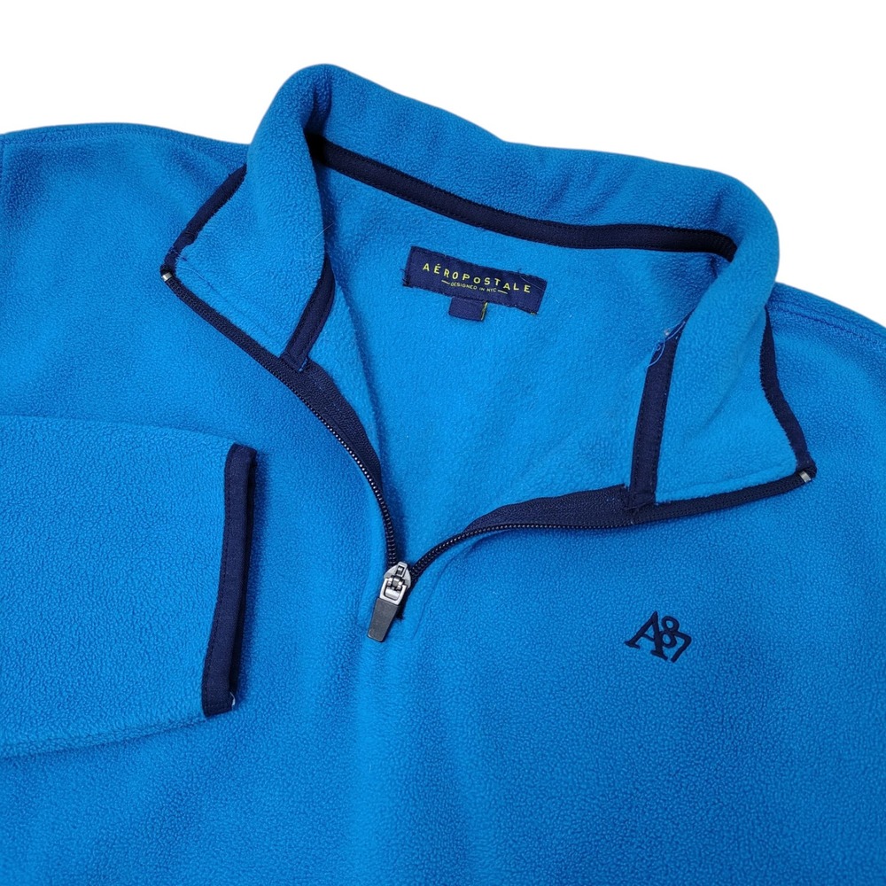Aeropostale Men's Fleece Pullover Medium Teal Blue Sweater Quarter Zip Preppy